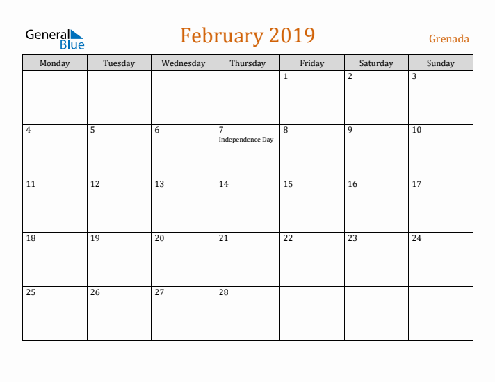 February 2019 Holiday Calendar with Monday Start