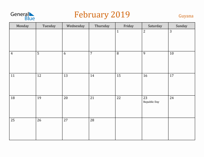 February 2019 Holiday Calendar with Monday Start