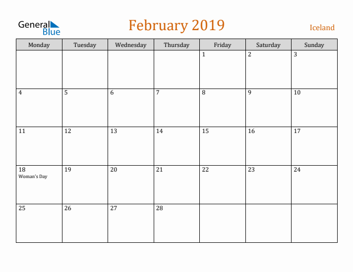 February 2019 Holiday Calendar with Monday Start