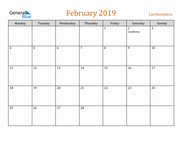 February 2019 Holiday Calendar with Monday Start