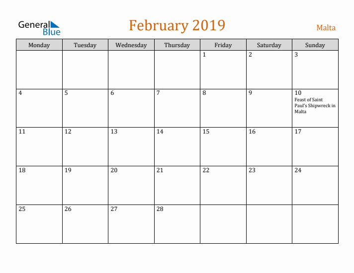 February 2019 Holiday Calendar with Monday Start