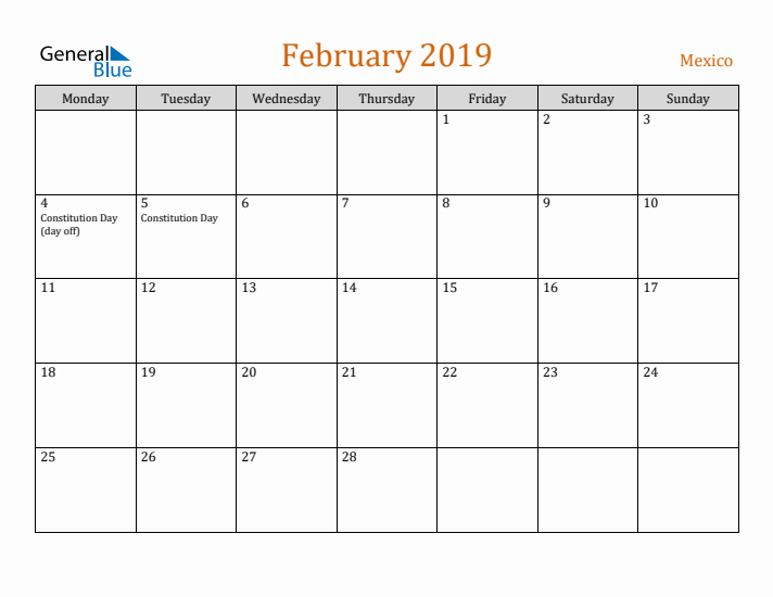 February 2019 Holiday Calendar with Monday Start