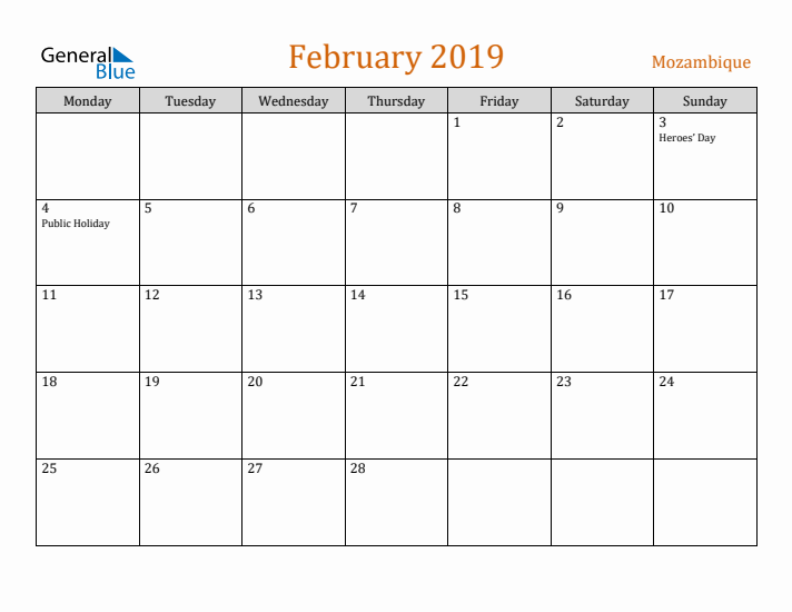 February 2019 Holiday Calendar with Monday Start