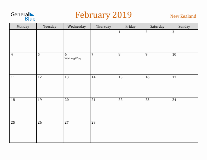 February 2019 Holiday Calendar with Monday Start