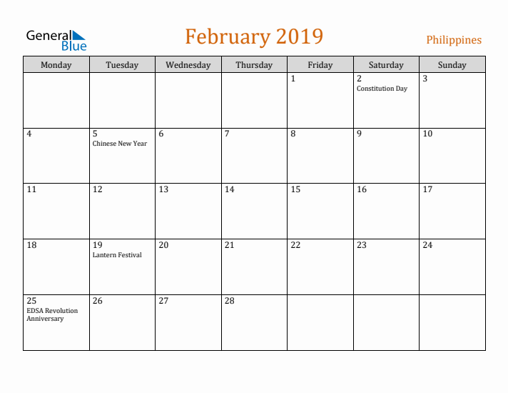 February 2019 Holiday Calendar with Monday Start