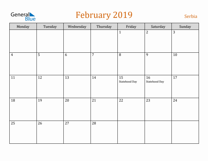 February 2019 Holiday Calendar with Monday Start