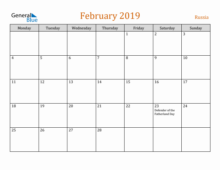 February 2019 Holiday Calendar with Monday Start