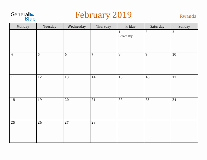 February 2019 Holiday Calendar with Monday Start