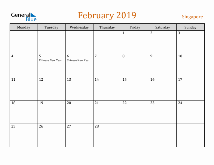 February 2019 Holiday Calendar with Monday Start