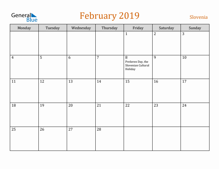 February 2019 Holiday Calendar with Monday Start