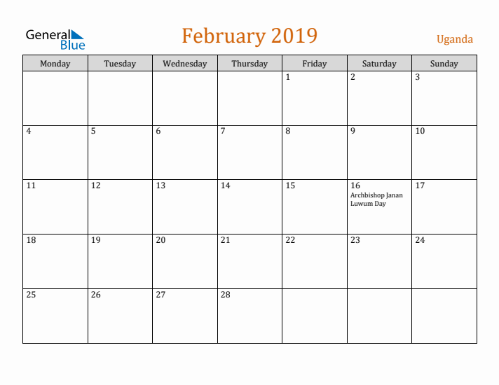 February 2019 Holiday Calendar with Monday Start