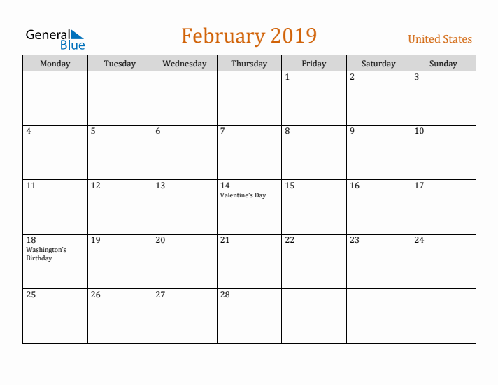 February 2019 Holiday Calendar with Monday Start