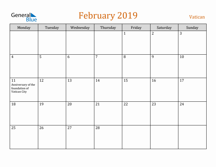 February 2019 Holiday Calendar with Monday Start