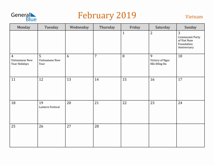 February 2019 Holiday Calendar with Monday Start