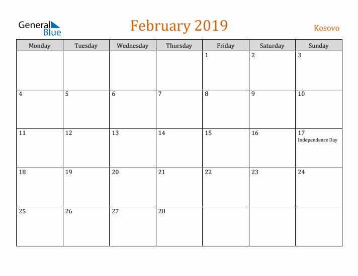 February 2019 Holiday Calendar with Monday Start