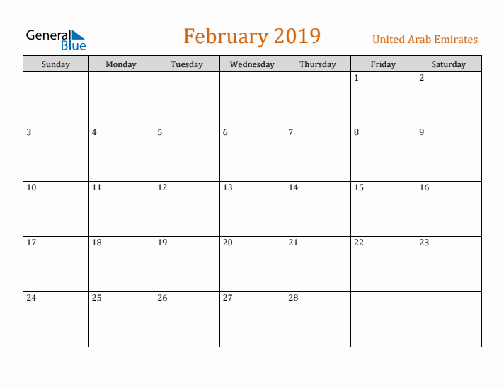 February 2019 Holiday Calendar with Sunday Start