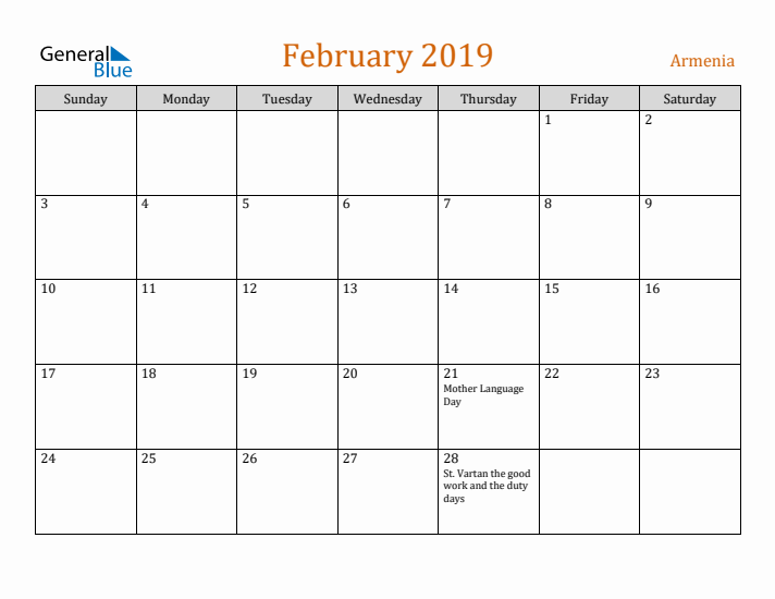 February 2019 Holiday Calendar with Sunday Start