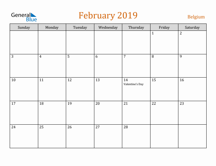 February 2019 Holiday Calendar with Sunday Start