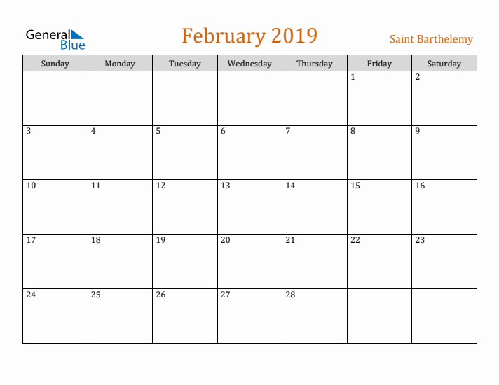 February 2019 Holiday Calendar with Sunday Start