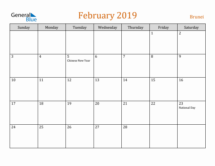 February 2019 Holiday Calendar with Sunday Start