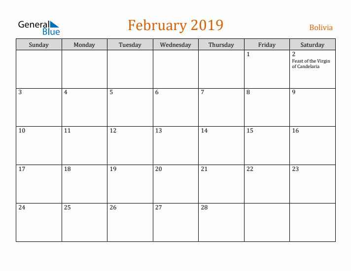 February 2019 Holiday Calendar with Sunday Start