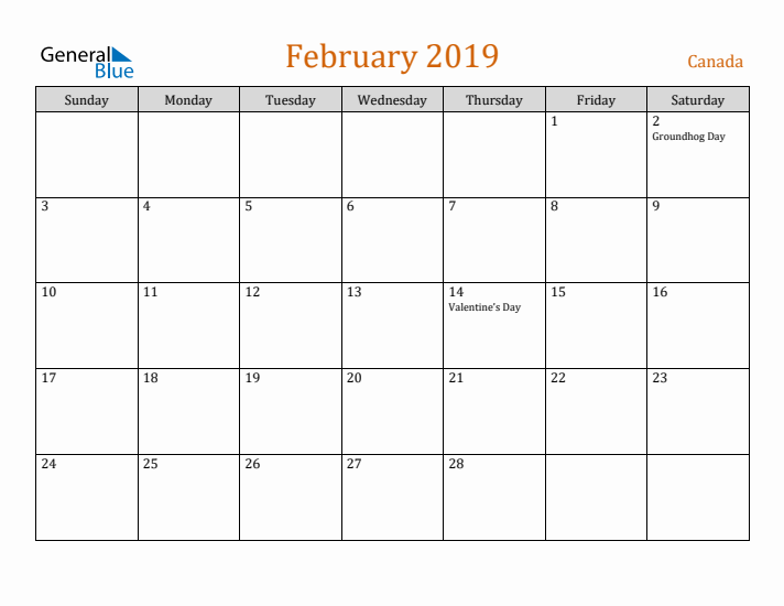 February 2019 Holiday Calendar with Sunday Start