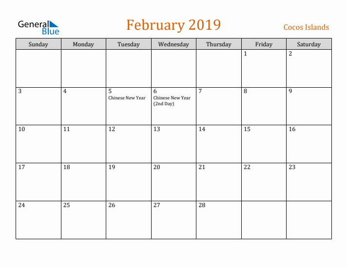 February 2019 Holiday Calendar with Sunday Start