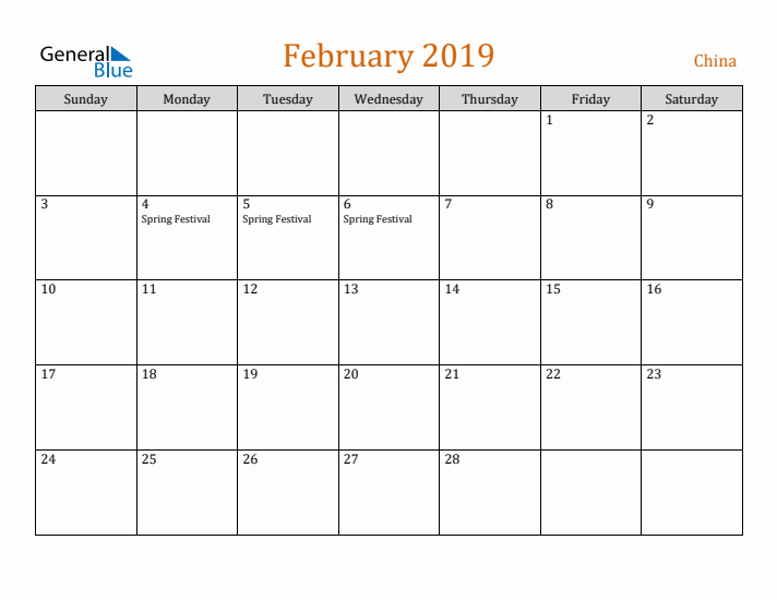 February 2019 Holiday Calendar with Sunday Start