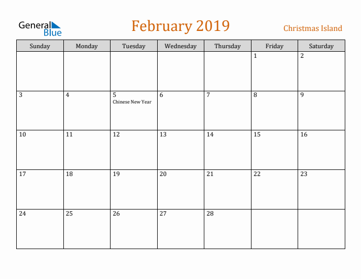 February 2019 Holiday Calendar with Sunday Start