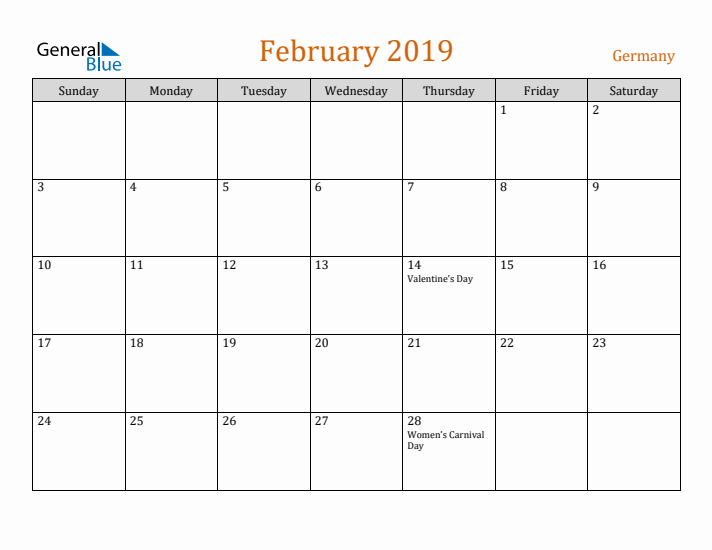 February 2019 Holiday Calendar with Sunday Start