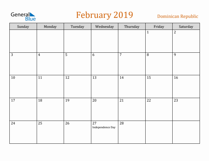 February 2019 Holiday Calendar with Sunday Start