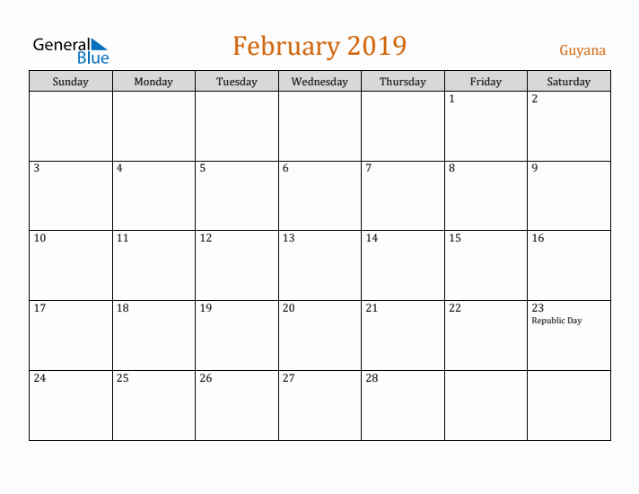 February 2019 Holiday Calendar with Sunday Start