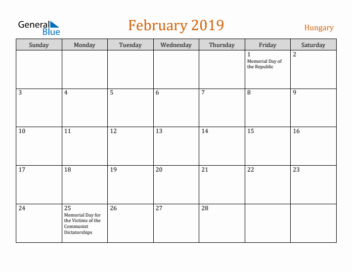 February 2019 Holiday Calendar with Sunday Start