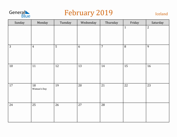 February 2019 Holiday Calendar with Sunday Start