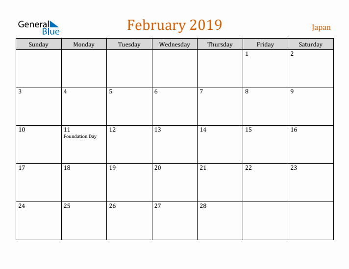 February 2019 Holiday Calendar with Sunday Start