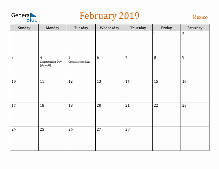 February 2019 Holiday Calendar with Sunday Start