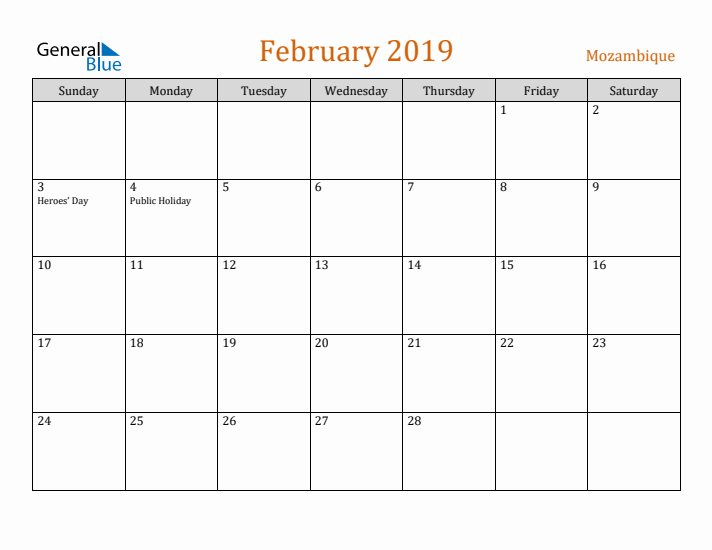 February 2019 Holiday Calendar with Sunday Start