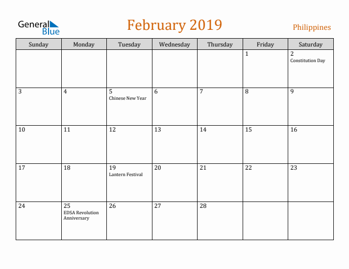 February 2019 Holiday Calendar with Sunday Start