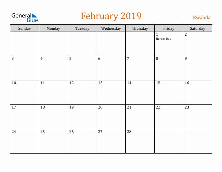 February 2019 Holiday Calendar with Sunday Start