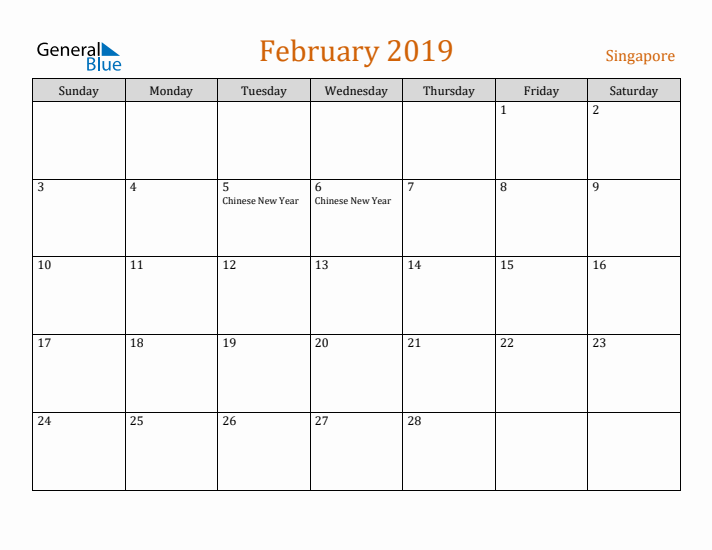 February 2019 Holiday Calendar with Sunday Start