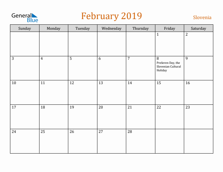 February 2019 Holiday Calendar with Sunday Start