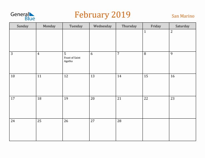 February 2019 Holiday Calendar with Sunday Start