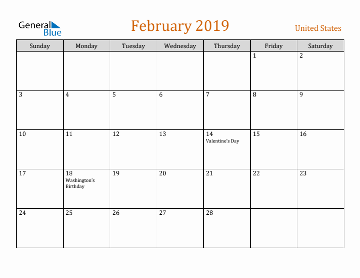 February 2019 Holiday Calendar with Sunday Start