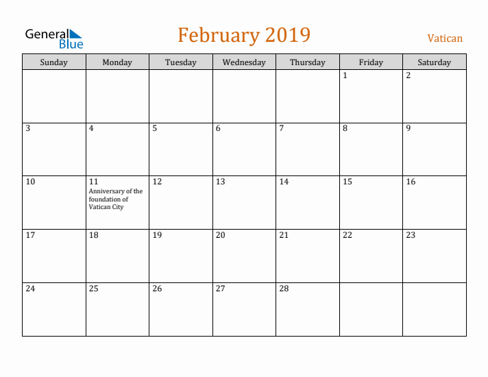 February 2019 Holiday Calendar with Sunday Start