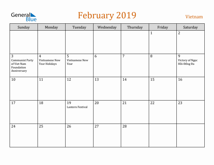 February 2019 Holiday Calendar with Sunday Start