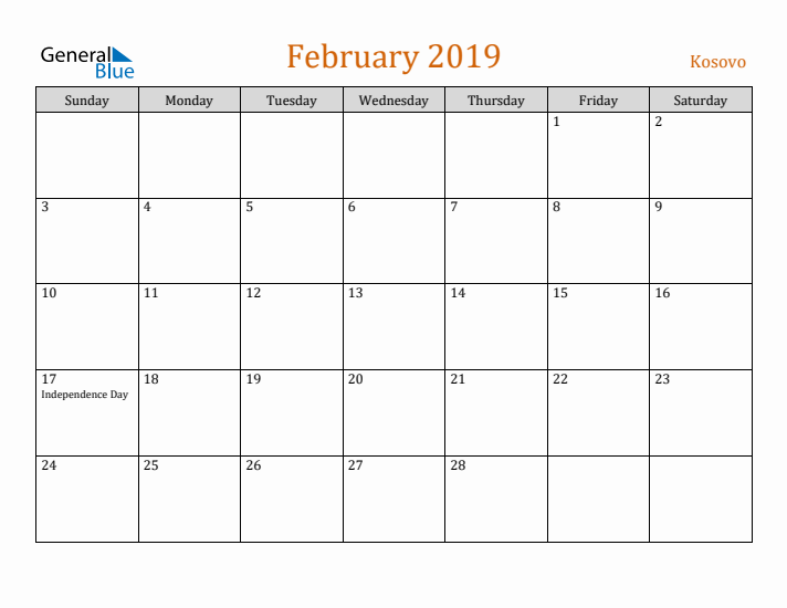 February 2019 Holiday Calendar with Sunday Start