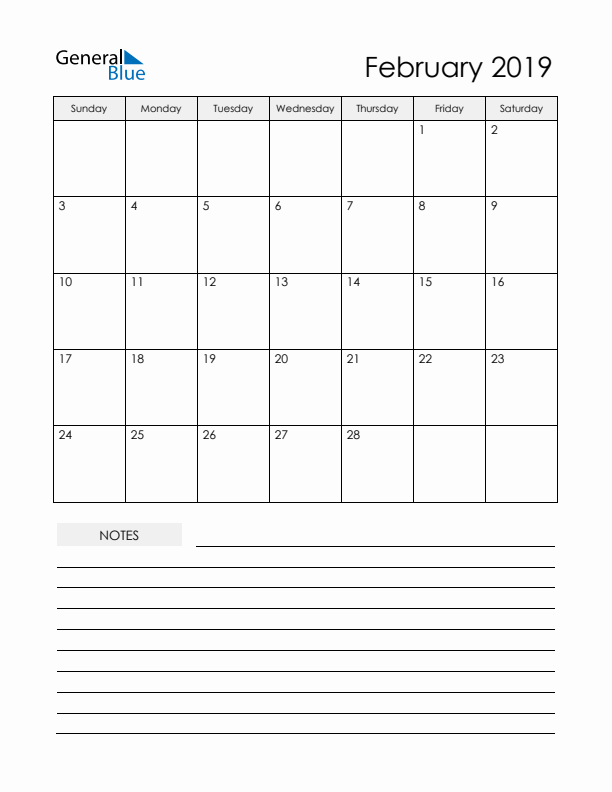 Printable Calendar with Notes - February 2019 