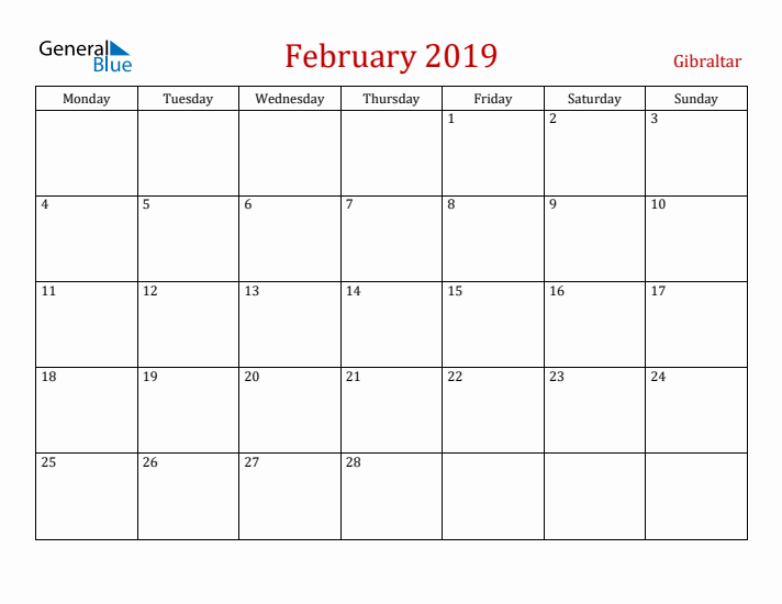 Gibraltar February 2019 Calendar - Monday Start