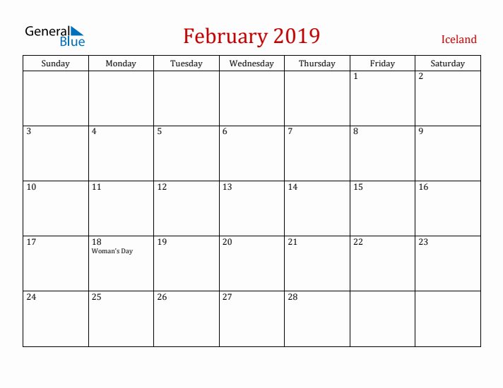 Iceland February 2019 Calendar - Sunday Start