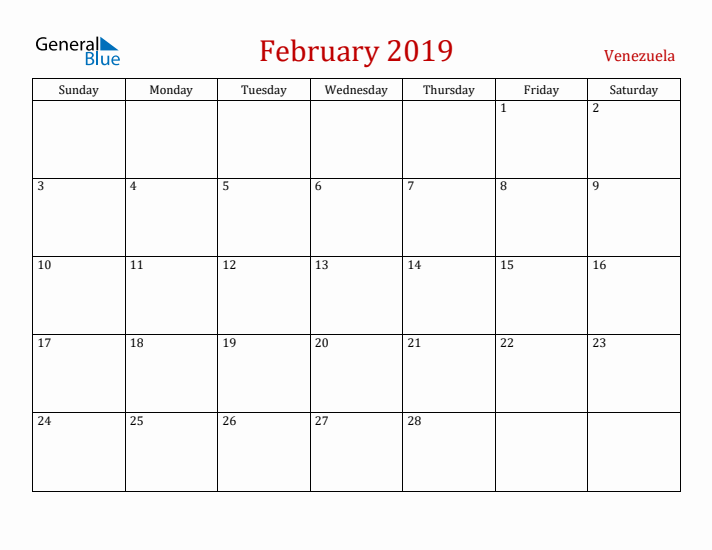 Venezuela February 2019 Calendar - Sunday Start